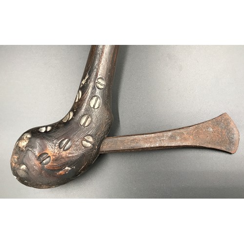 597 - African tribal axe, carved wooden handle with metal blade, 40cms l.