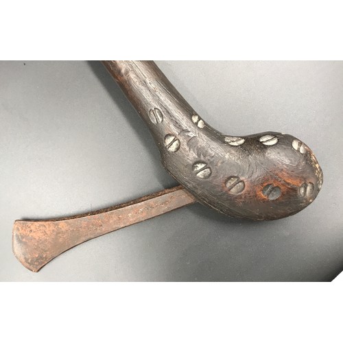 597 - African tribal axe, carved wooden handle with metal blade, 40cms l.