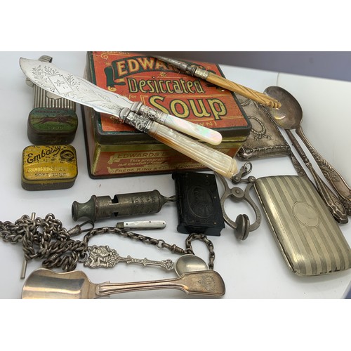 605 - A miscellany to include Edwards desiccated soups tin, cigarette cases, vesta cases, gramophone, need... 