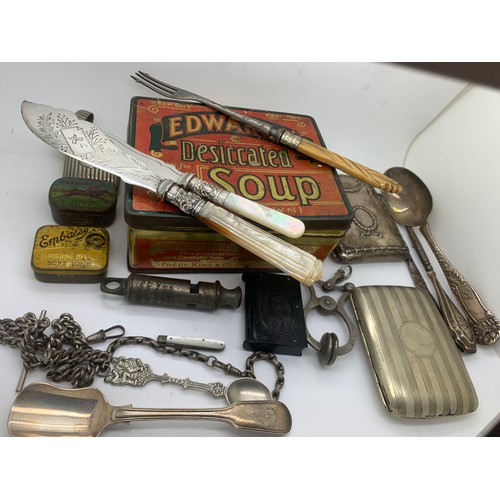 605 - A miscellany to include Edwards desiccated soups tin, cigarette cases, vesta cases, gramophone, need... 