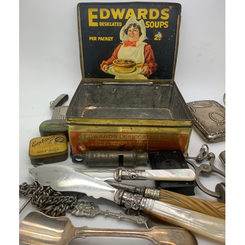 605 - A miscellany to include Edwards desiccated soups tin, cigarette cases, vesta cases, gramophone, need... 