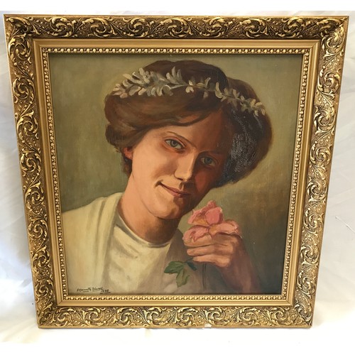 702 - Francis Kenneth Elwell oil painting on board, portrait of young lady with flower, signed bottom left... 