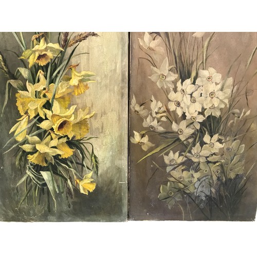 703 - A pair of floral still life oils on canvas. 77 x 33cms.