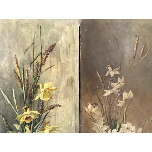 703 - A pair of floral still life oils on canvas. 77 x 33cms.