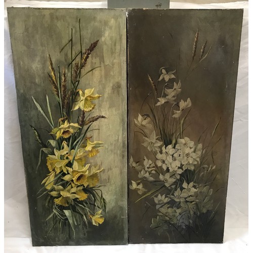 703 - A pair of floral still life oils on canvas. 77 x 33cms.