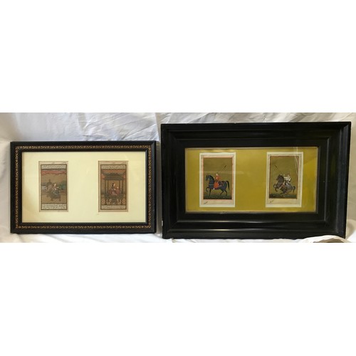 704 - Two ebony framed Indian paintings. Seated lady 20 x 12cms, warriors on horse back with signature 20 ... 