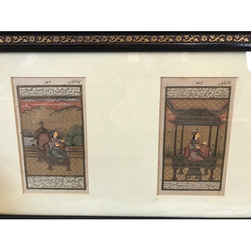 704 - Two ebony framed Indian paintings. Seated lady 20 x 12cms, warriors on horse back with signature 20 ... 