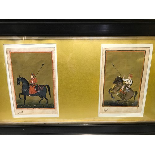 704 - Two ebony framed Indian paintings. Seated lady 20 x 12cms, warriors on horse back with signature 20 ... 