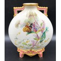 A Royal Worcester moon vase with floral and butterfly decoration. 25.5cms l x 21cms w. Circa 1892.