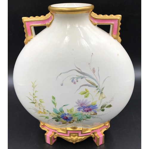 9 - A Royal Worcester moon vase with floral and butterfly decoration. 25.5cms l x 21cms w. Circa 1892.