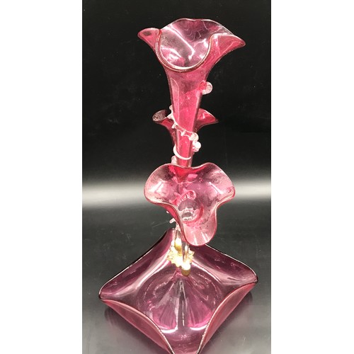 109 - A ruby glass epergne with 3 flutes. 44cms h x 26cms w at base.