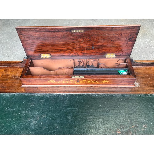 745 - An Edwardian rose wood inlaid desk with green leather top , 6 drawers and square legs. 92cms w x 49c... 