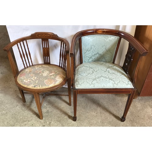 764 - Two Edwardian mahogany inlaid armchairs. One with floral upholstery ht to seat 40cms to back 73cms x... 