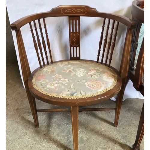 764 - Two Edwardian mahogany inlaid armchairs. One with floral upholstery ht to seat 40cms to back 73cms x... 