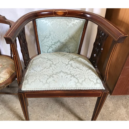 764 - Two Edwardian mahogany inlaid armchairs. One with floral upholstery ht to seat 40cms to back 73cms x... 