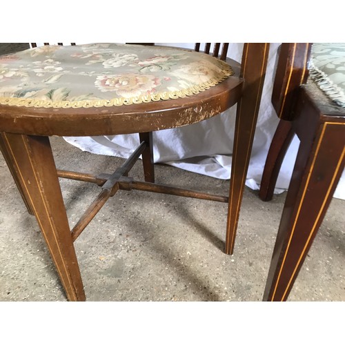 764 - Two Edwardian mahogany inlaid armchairs. One with floral upholstery ht to seat 40cms to back 73cms x... 