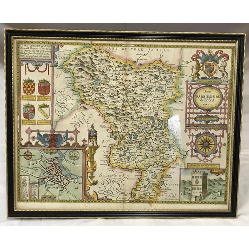 670 - A John Speed 17thC framed coloured map of Derbyshire with arms of Honorable Families with place name... 