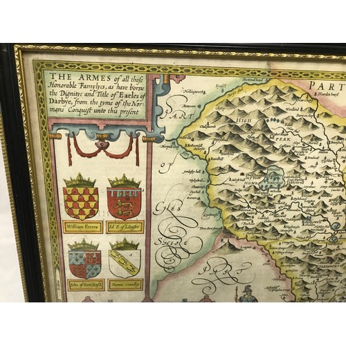 670 - A John Speed 17thC framed coloured map of Derbyshire with arms of Honorable Families with place name... 