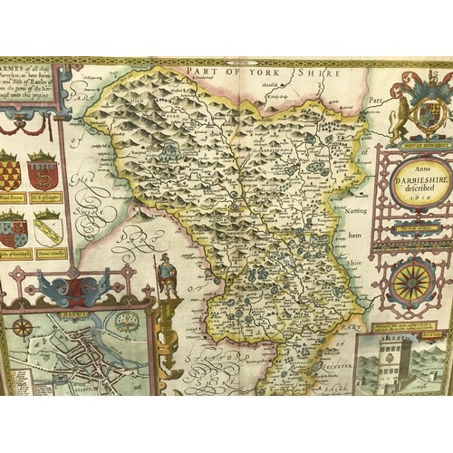 670 - A John Speed 17thC framed coloured map of Derbyshire with arms of Honorable Families with place name... 