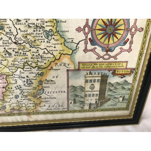 670 - A John Speed 17thC framed coloured map of Derbyshire with arms of Honorable Families with place name... 