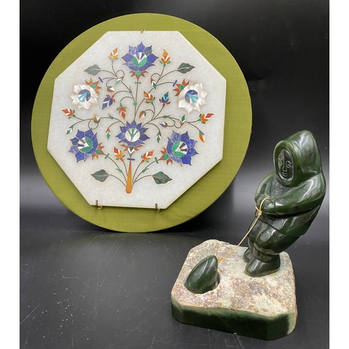 629 - A green stone Eskimo with a seal 13.5cms h together with an Indian pietra dura plaque.