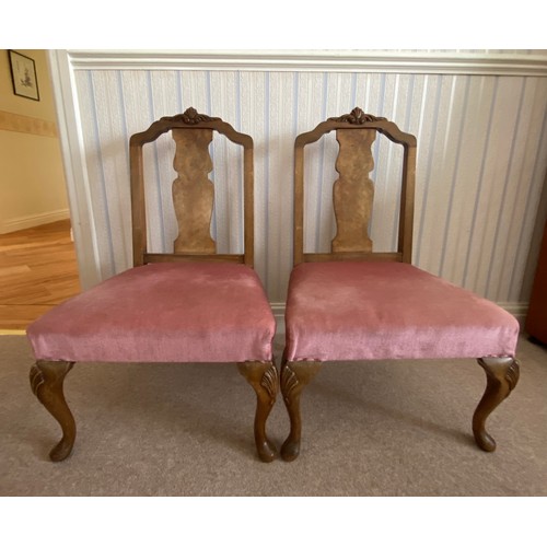 739 - A pair of 1930's walnut upholstered bedroom chairs 75cms h x 46cms w to front of seat 31cms.