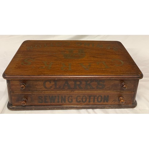 729 - A Clarks sewing mahogany cotton box with 2 drawers and fitted separators to interior.