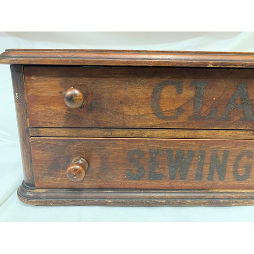 729 - A Clarks sewing mahogany cotton box with 2 drawers and fitted separators to interior.