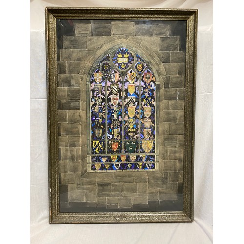 677 - A framed print from Harrods of a stained glass Church window with butterfly wing decoration. Signed ... 