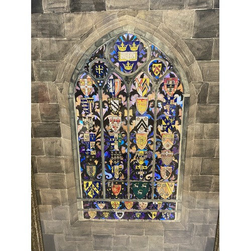 677 - A framed print from Harrods of a stained glass Church window with butterfly wing decoration. Signed ... 