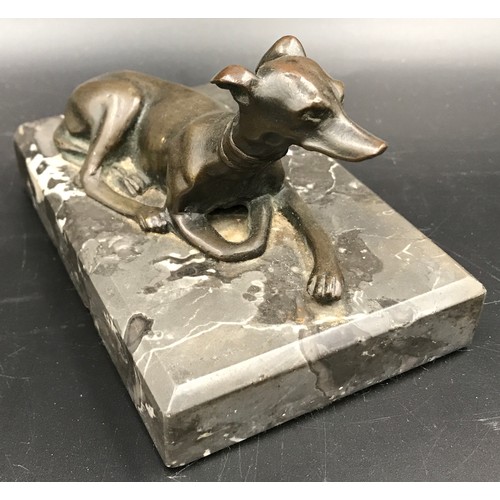 565 - A bronze figure on marble base with whippet/greyhound ? 7.5cms h x 13cms x 8.5cms at base.