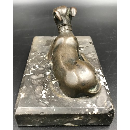 565 - A bronze figure on marble base with whippet/greyhound ? 7.5cms h x 13cms x 8.5cms at base.