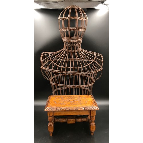 638 - A small carved oak stool 30cms w x 21cms d x 18.5cms h. together with a wicker mannequin torso and h... 