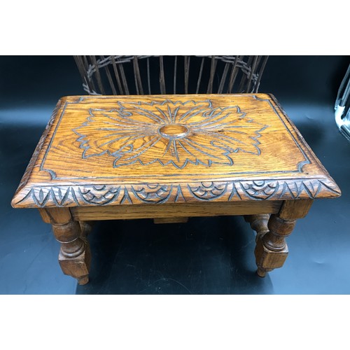 638 - A small carved oak stool 30cms w x 21cms d x 18.5cms h. together with a wicker mannequin torso and h... 