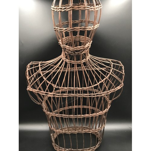 638 - A small carved oak stool 30cms w x 21cms d x 18.5cms h. together with a wicker mannequin torso and h... 