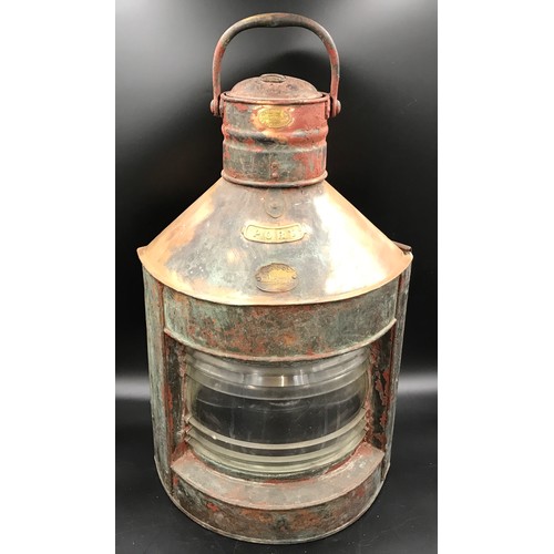 566 - A copper ship's lantern. Port maker A J Wares Ltd, South Shields. 66cms h x 40cms w.