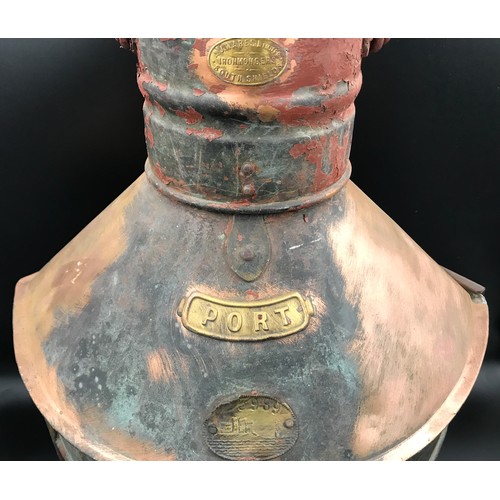 566 - A copper ship's lantern. Port maker A J Wares Ltd, South Shields. 66cms h x 40cms w.