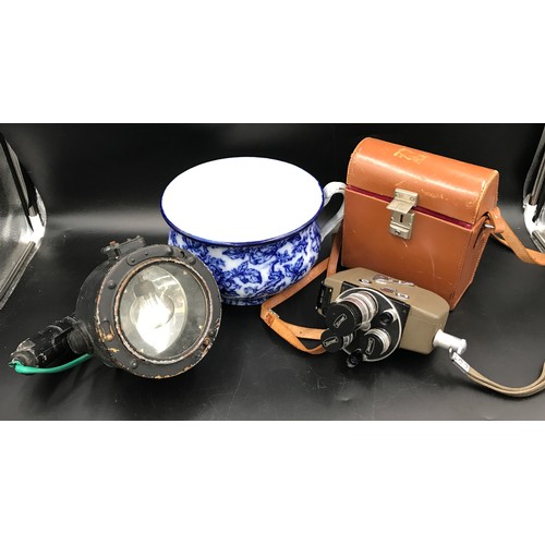 635 - A portable signalling lantern Admiral Pattern 5110.D, Arco 8 Cine Camera with leather case, a Losol ... 