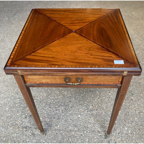 808 - Edwardian mahogany and inlaid envelope card table. 56 x 56 x 73cms h.