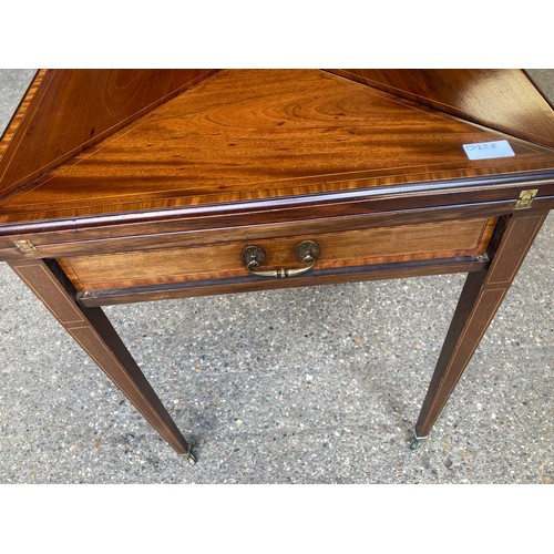 808 - Edwardian mahogany and inlaid envelope card table. 56 x 56 x 73cms h.