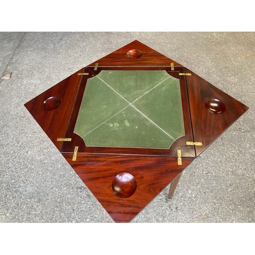 808 - Edwardian mahogany and inlaid envelope card table. 56 x 56 x 73cms h.