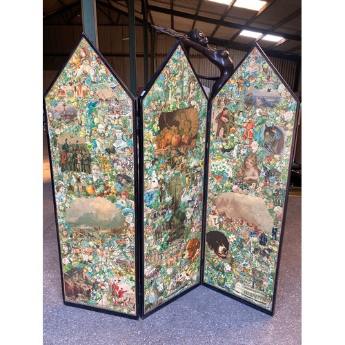 809 - A 19thC decoupage dressing screen. 167cms h x 159cms w open.