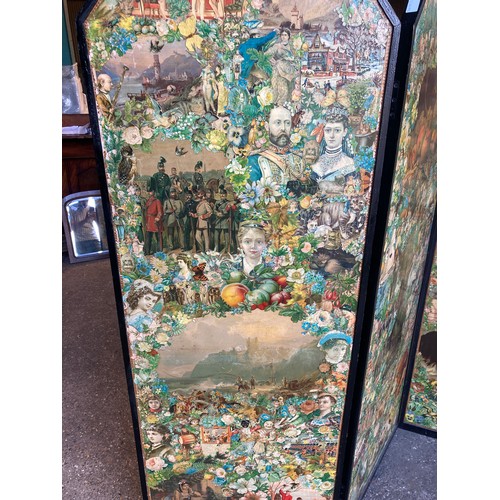 809 - A 19thC decoupage dressing screen. 167cms h x 159cms w open.