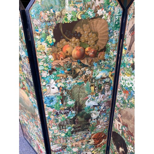 809 - A 19thC decoupage dressing screen. 167cms h x 159cms w open.