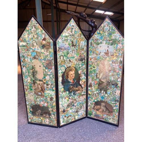 809 - A 19thC decoupage dressing screen. 167cms h x 159cms w open.