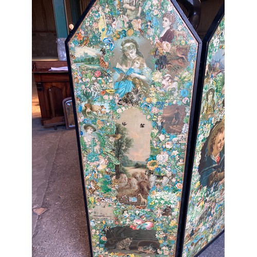 809 - A 19thC decoupage dressing screen. 167cms h x 159cms w open.