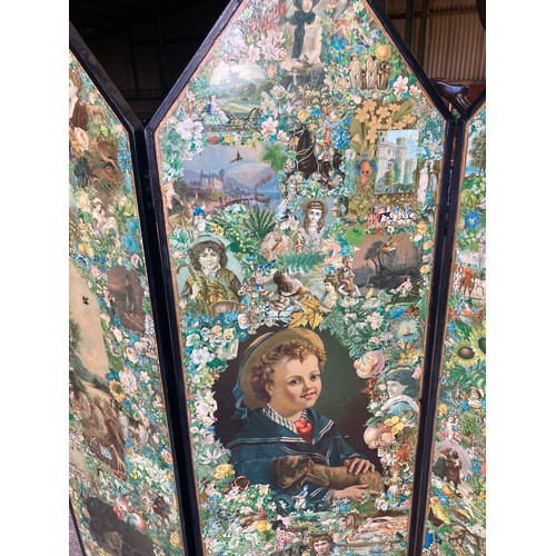 809 - A 19thC decoupage dressing screen. 167cms h x 159cms w open.