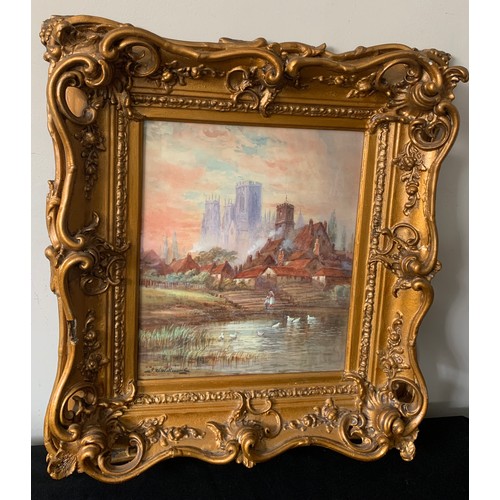 715 - J.W. Williamson watercolour of York from the river in gilt frame. 35 x 30cms.