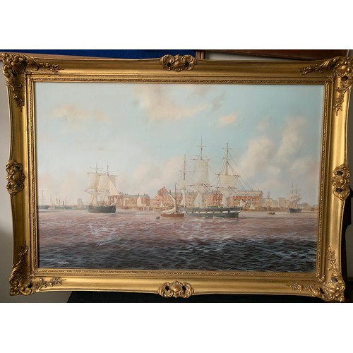 717 - David C. Bell 1950, Sailing Ships off Hull. Signed L.L. 59.5 x 90cms.