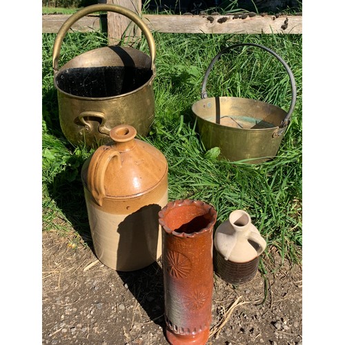 647 - Miscellany to include brass jam pan, brass coal scuttle, salt glazed jug and 2 studio pottery vases ... 